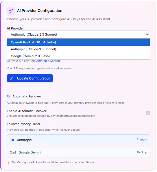 AI Provider Configuration Dialog - Simple 3-step setup